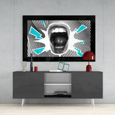 Scream glass wall art styled above a console in a home bar