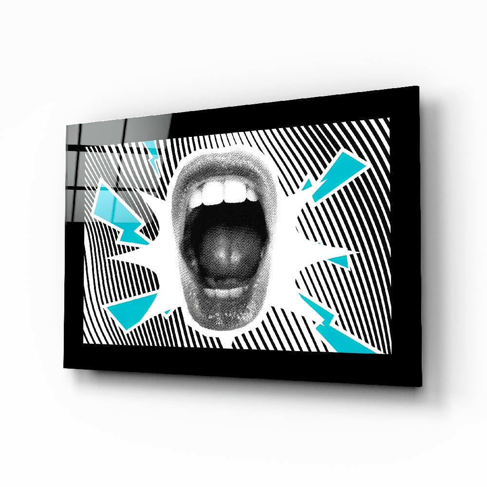 Scream glass wall art displayed above a turntable in a music room