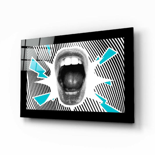 Scream glass wall art displayed above a turntable in a music room