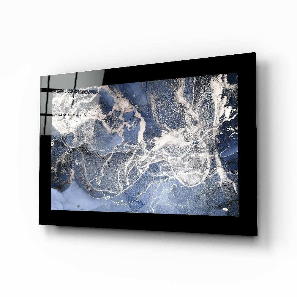 Blue Quartz glass wall art displayed above a sideboard in a study