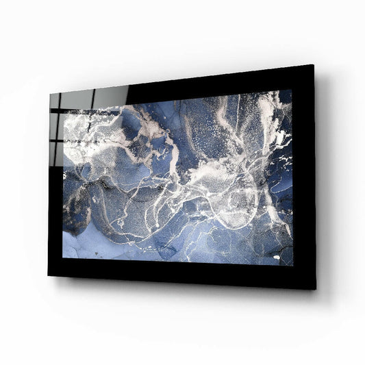 Blue Quartz glass wall art displayed above a sideboard in a study