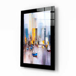 Sailboats glass wall art displayed above a sideboard in a study