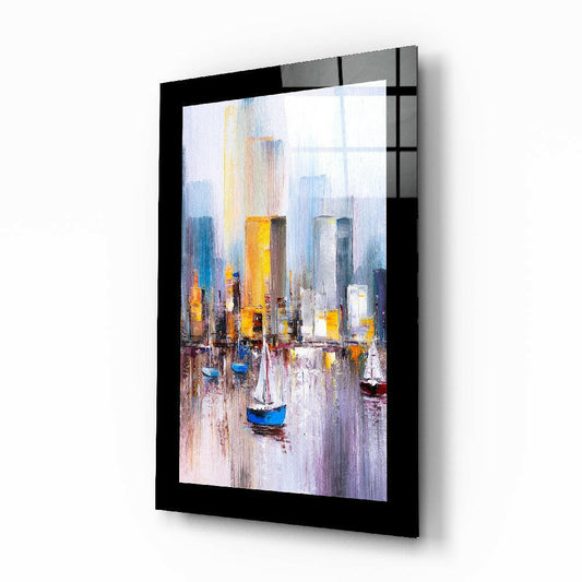 Sailboats glass wall art displayed above a sideboard in a study