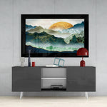 Emerald Valley glass wall art styled above a console in a reading nook