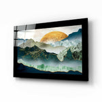 Emerald Valley glass wall art displayed above a bed in a bedroom