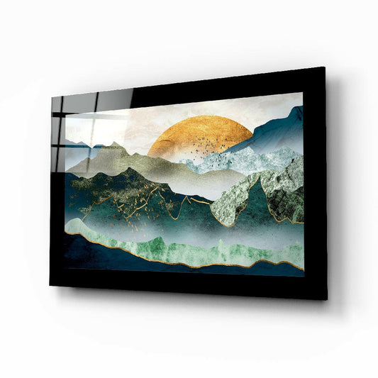 Emerald Valley glass wall art displayed above a bed in a bedroom