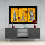 City Landmarks glass wall art styled above a console in a reading nook