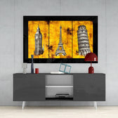 City Landmarks glass wall art styled above a console in a reading nook