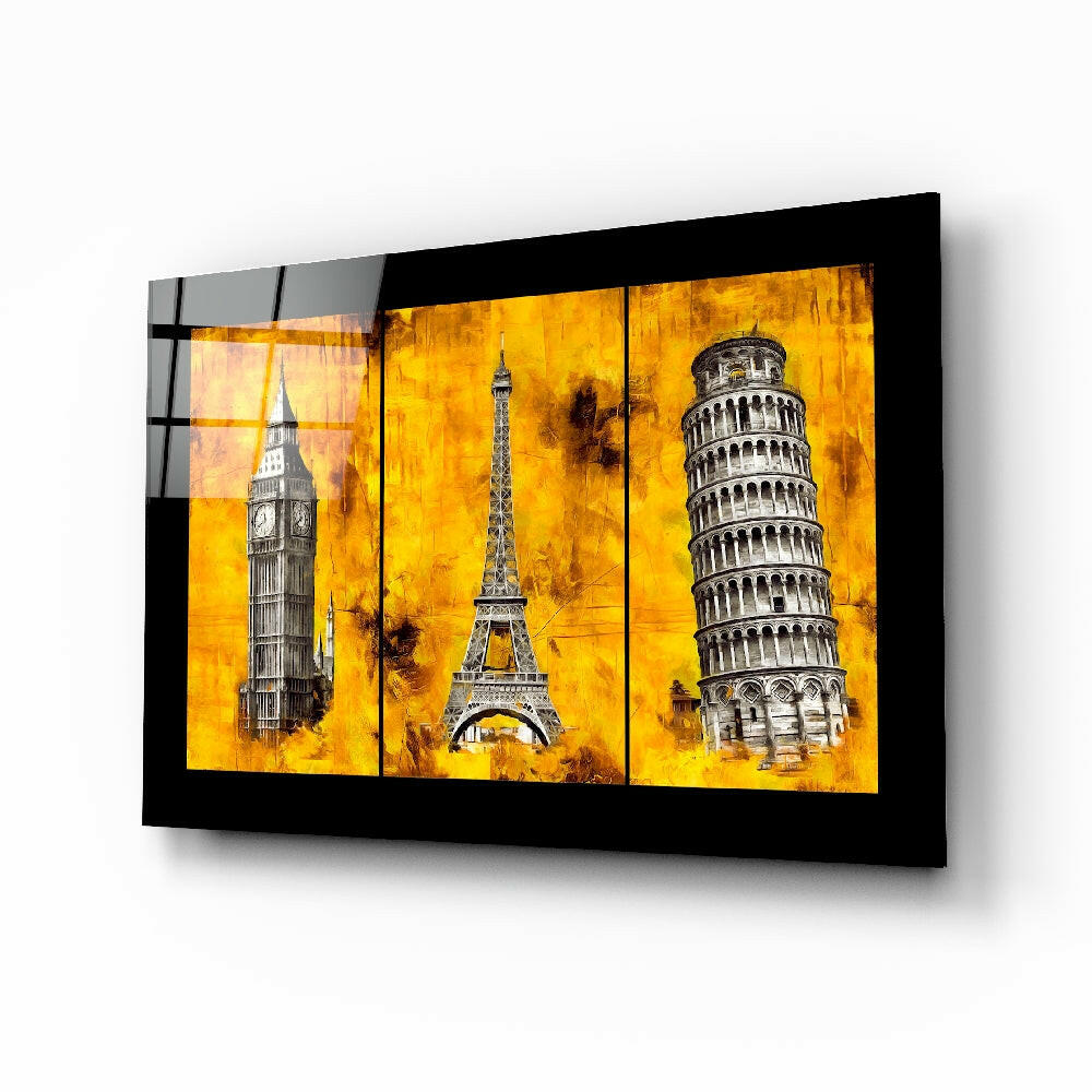 City Landmarks glass wall art displayed above a sideboard in a study