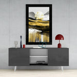 Golden Valley glass wall art styled above a console in a meditation room