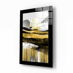 Golden Valley glass wall art displayed above a sideboard in a study