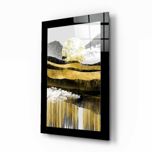 Golden Valley glass wall art displayed above a sideboard in a study