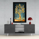 Golden Deer glass wall art styled above a console in a foyer