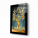 Golden Deer glass wall art displayed above a sideboard in a study