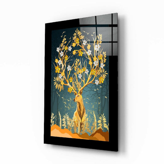 Golden Deer glass wall art displayed above a sideboard in a study