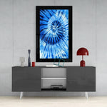 Blue Tie Dye glass wall art styled above a console in a music room