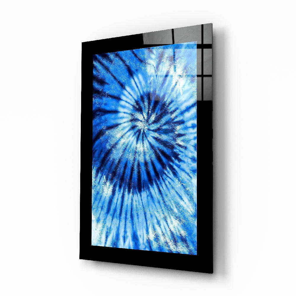 Blue Tie Dye glass wall art displayed above a sideboard in a teen den