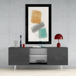 Cubic Art glass wall art styled above a console in a home office
