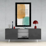 Cubic Art glass wall art styled above a console in a home office