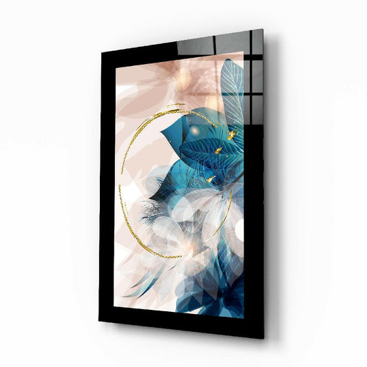 Abstract Leaf glass wall art displayed above a bed in a bedroom