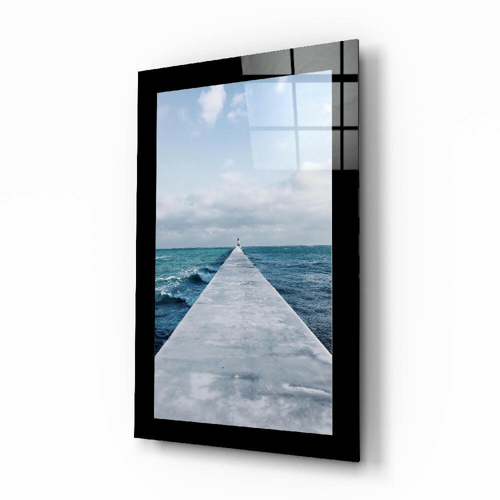 Far Horizon glass wall art displayed above a bed in a bedroom
