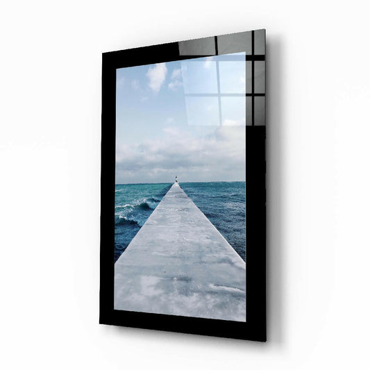 Far Horizon glass wall art displayed above a bed in a bedroom