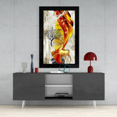 Red Gold Deer glass wall art styled above a console in a dining room