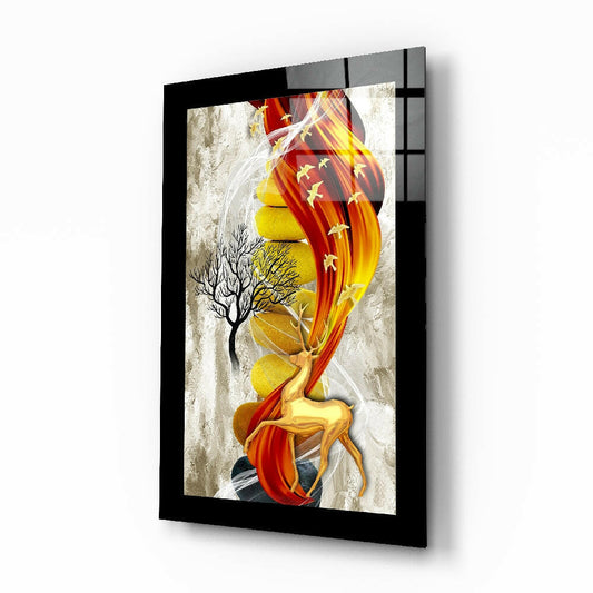 Red Gold Deer glass wall art displayed above a sideboard in a study