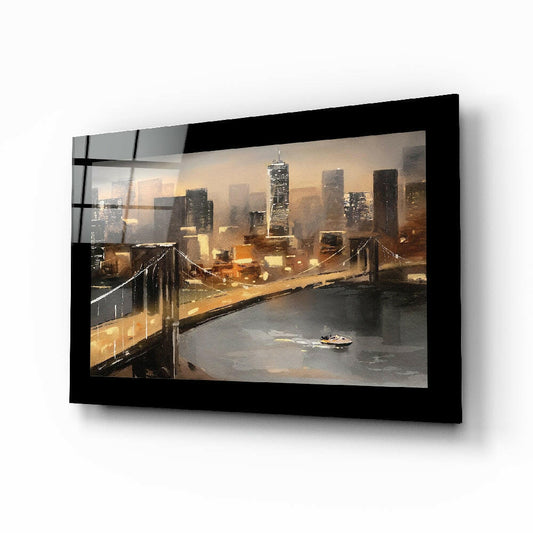 Brooklyn Bridge glass wall art displayed above a sideboard in a study