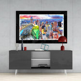 Budgies glass wall art styled above a console in a child's room