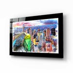 Budgies glass wall art displayed above a sideboard in a study