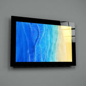Fluid-watercolor panel bringing coastal calm to a bathroom
