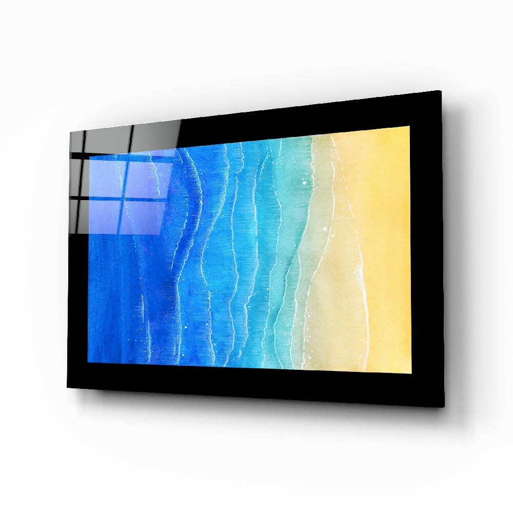 Sun Sea Beach glass wall art displayed above a bed in a bedroom