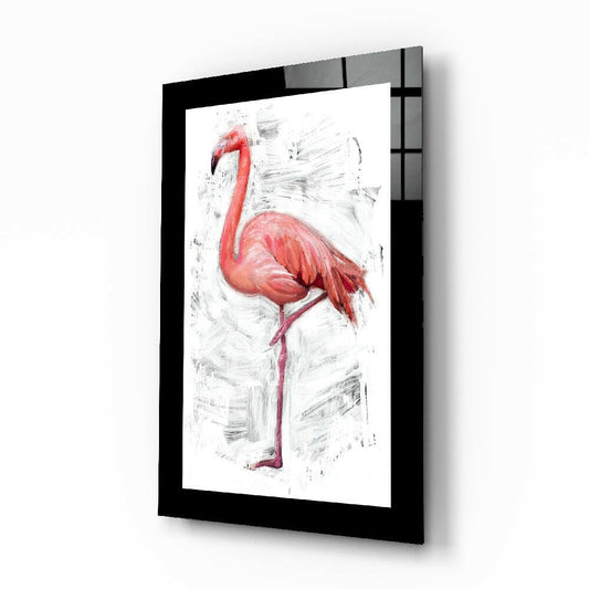 Lonely Flamingo glass wall art displayed above a bed in a bedroom