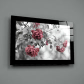 Editorial-photo panel bringing romantic warmth to a powder room