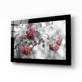 Rosewood glass wall art displayed above a bed in a bedroom