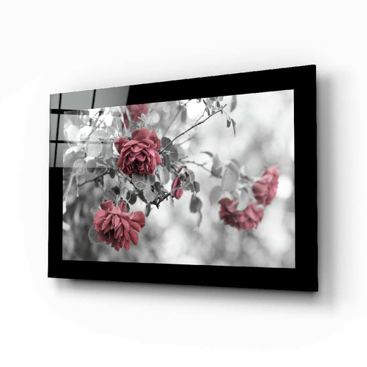 Rosewood glass wall art displayed above a bed in a bedroom