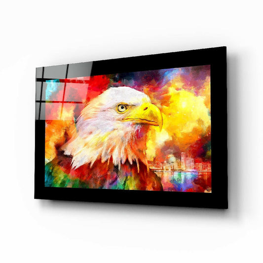 Eagle glass wall art displayed above a sideboard in a study