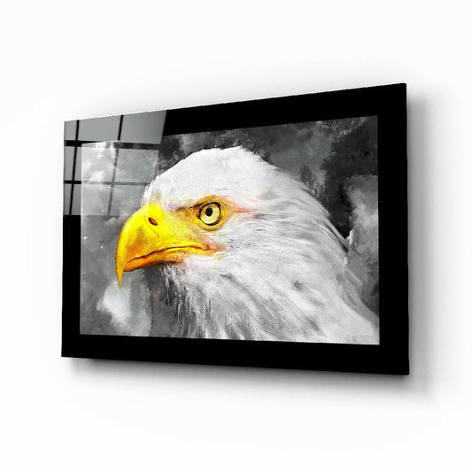Eagle glass wall art displayed above a sideboard in a study