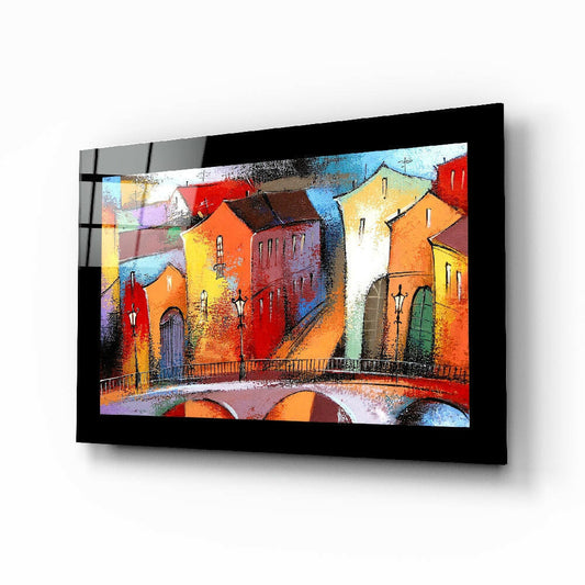 City Landscape glass wall art displayed above a sideboard in a study