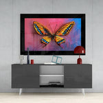 Purple Blue Butterfly glass wall art styled above a console in a reading nook