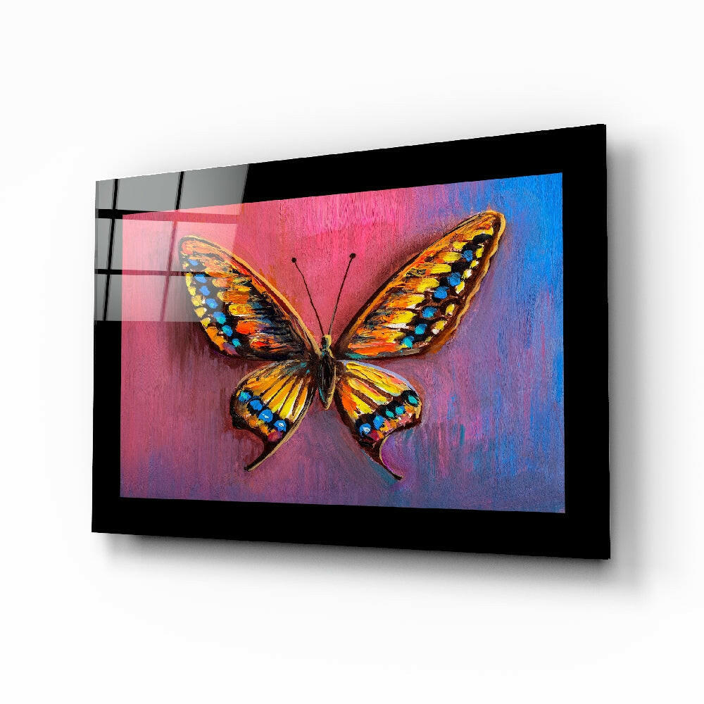 Purple Blue Butterfly glass wall art displayed above a bed in a bedroom