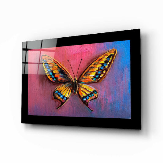 Purple Blue Butterfly glass wall art displayed above a bed in a bedroom