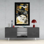 Gold Powder Graphite glass wall art styled above a console in a bedroom