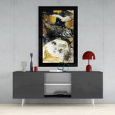 Gold Powder Graphite glass wall art styled above a console in a bedroom