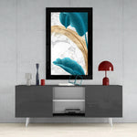 Turquoise Gold Leaf glass wall art styled above a console in a foyer