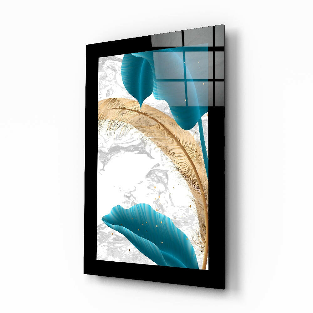 Turquoise Gold Leaf glass wall art displayed above a bed in a bedroom