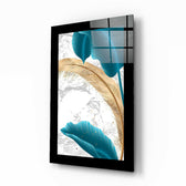 Turquoise Gold Leaf glass wall art displayed above a bed in a bedroom