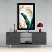 Emerald Leaf glass wall art styled above a console in a foyer