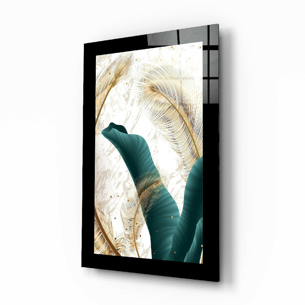 Emerald Leaf glass wall art displayed above a bed in a bedroom